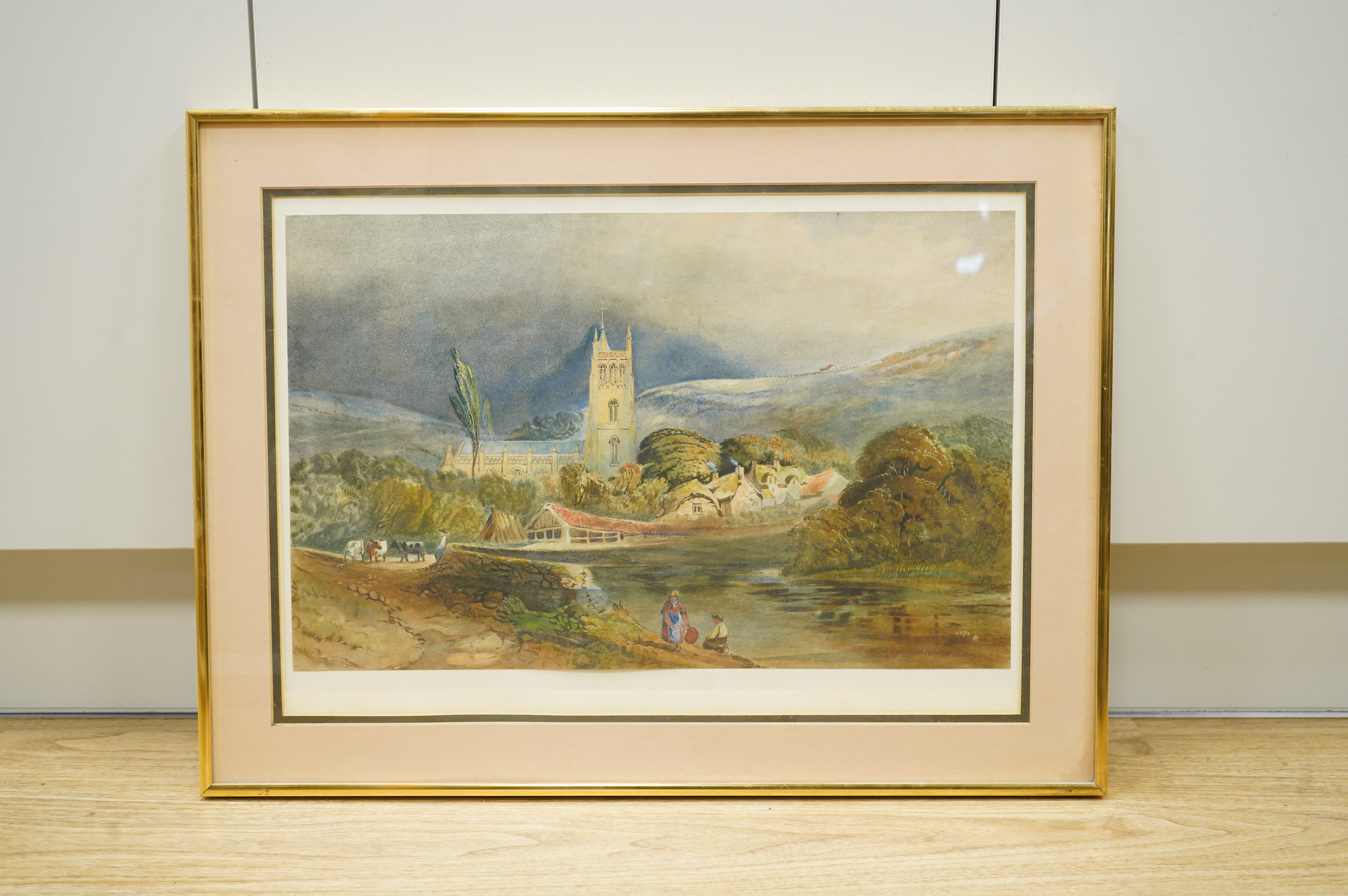 19th century, English school, riverscape with church, watercolour, 31 x 48cm